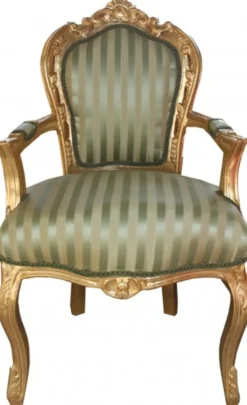 Casa Padrino Barock Esszimmer Stuhl Grün / Creme Streifen / Gold mit Armlehnen - Antik Möbel