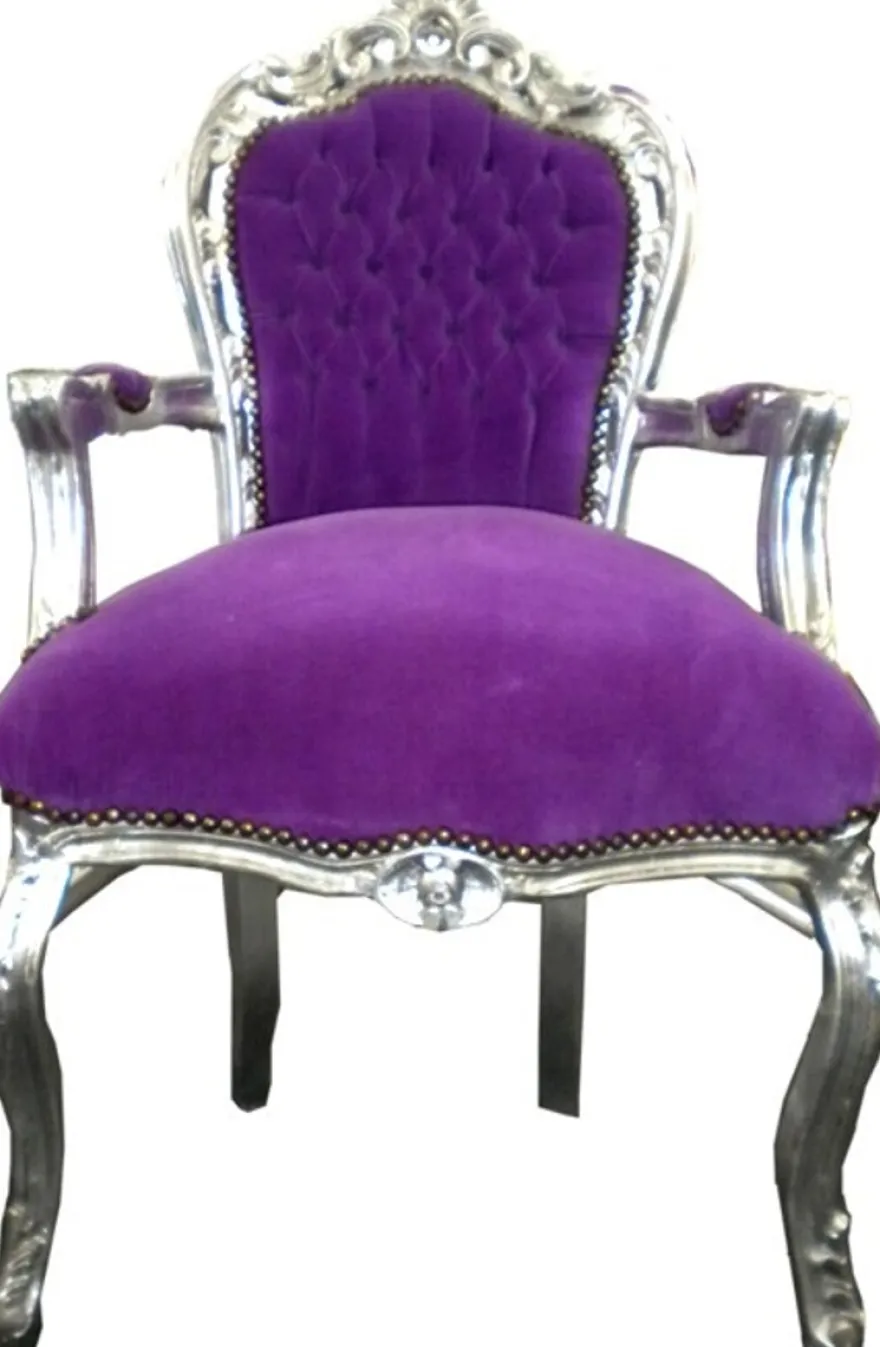 Casa Padrino Barock Esszimmer Stuhl Lila / Silber mit Armlehnen - Möbel Barock