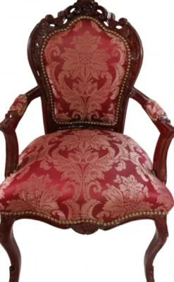 Casa Padrino Barock Esszimmer Stuhl Bordeaux Muster / Braunrot mit Armlehnen - Limited Edition