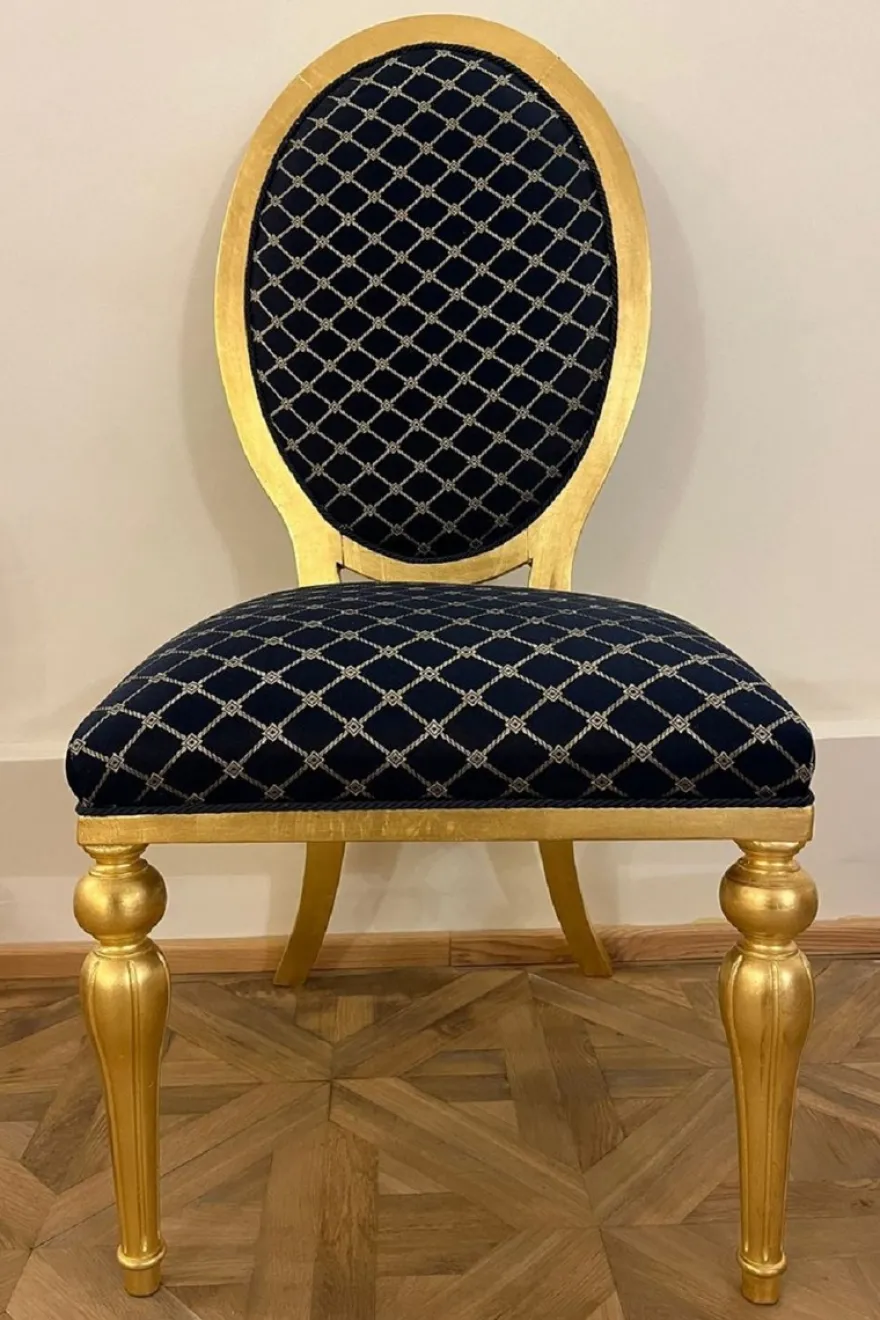 Casa Padrino Barock Esszimmer Stuhl mit Muster Blau / Gold - Esszimmer Möbel im Barockstil