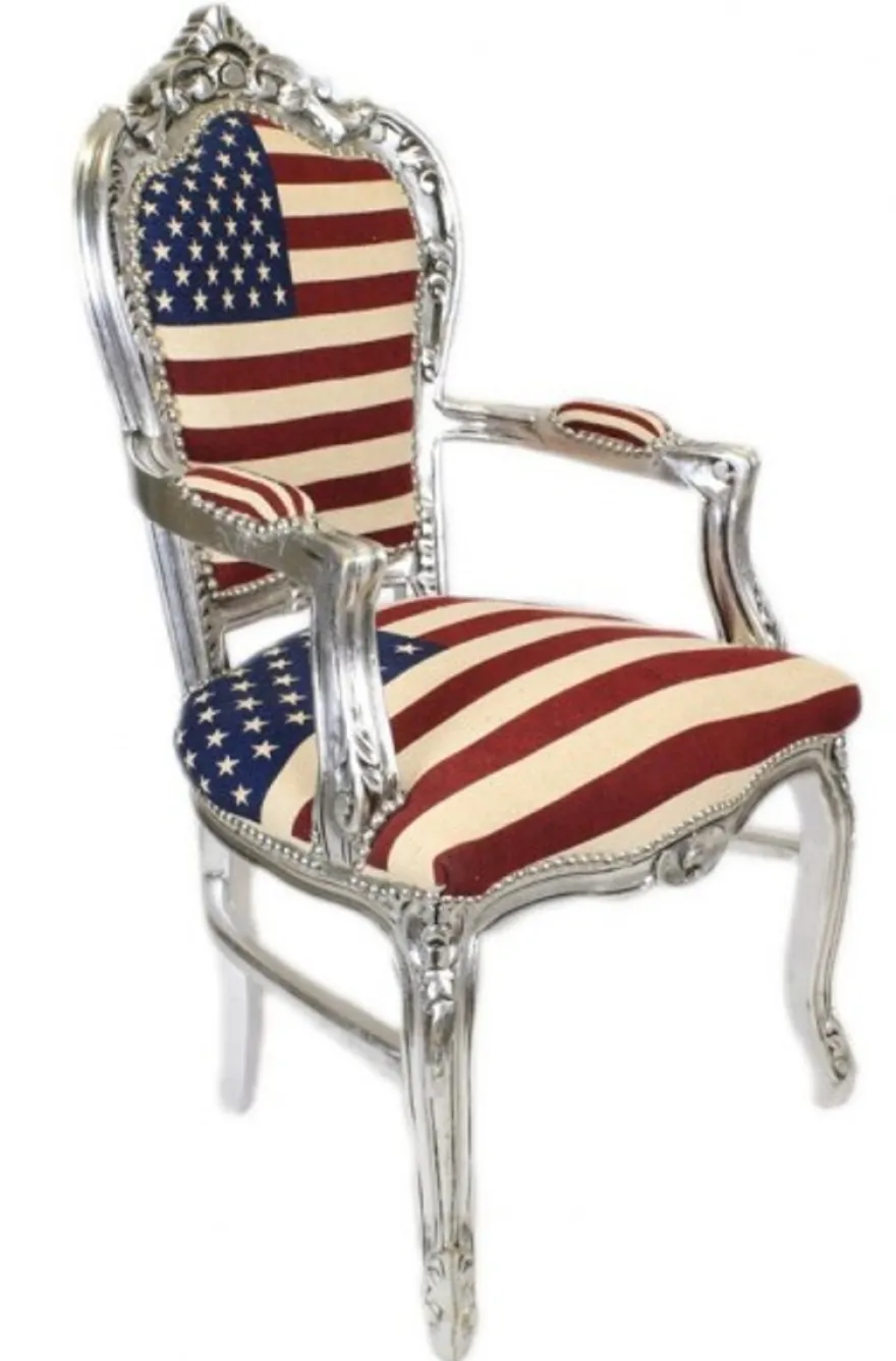 Casa Padrino Barock Esszimmer mit Armlehnen USA / Silber Antik Stil