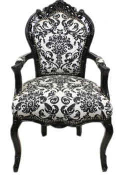 Casa Padrino Barock Esszimmer Stuhl Blumen Muster Schwarz / Weiß mit Armlehnen