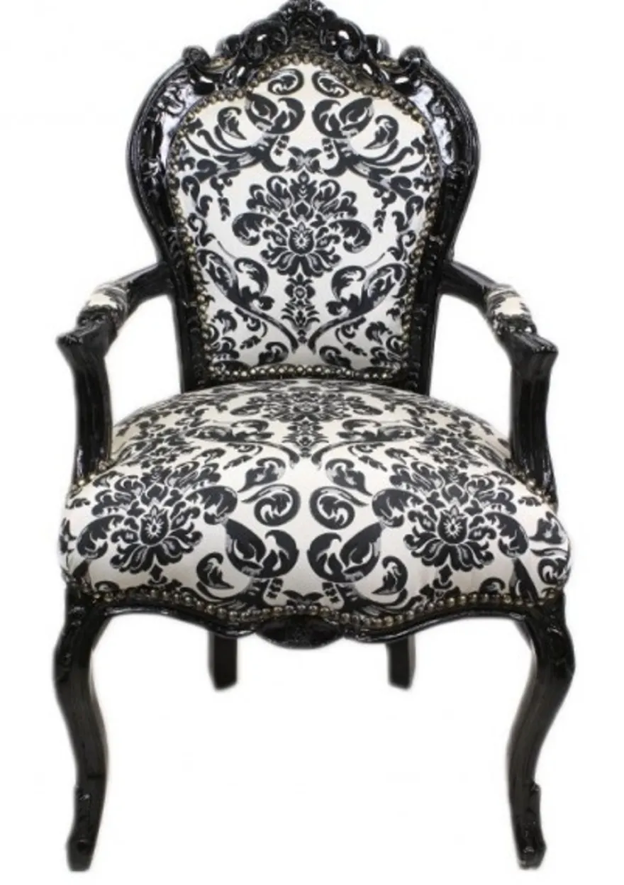 Casa Padrino Barock Esszimmer Stuhl Blumen Muster Schwarz / Weiß mit Armlehnen