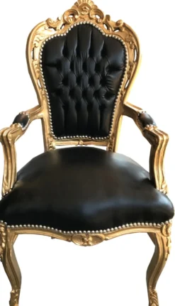 Casa Padrino Barock Esszimmerstuhl Schwarz / Gold Lederoptik mit Armlehnen B!