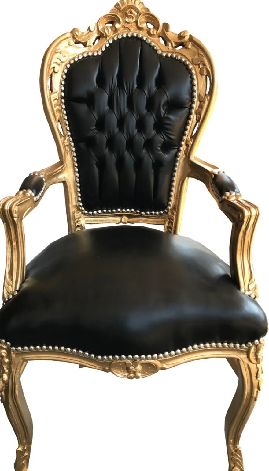 Casa Padrino Barock Esszimmerstuhl Schwarz / Gold Lederoptik mit Armlehnen B!