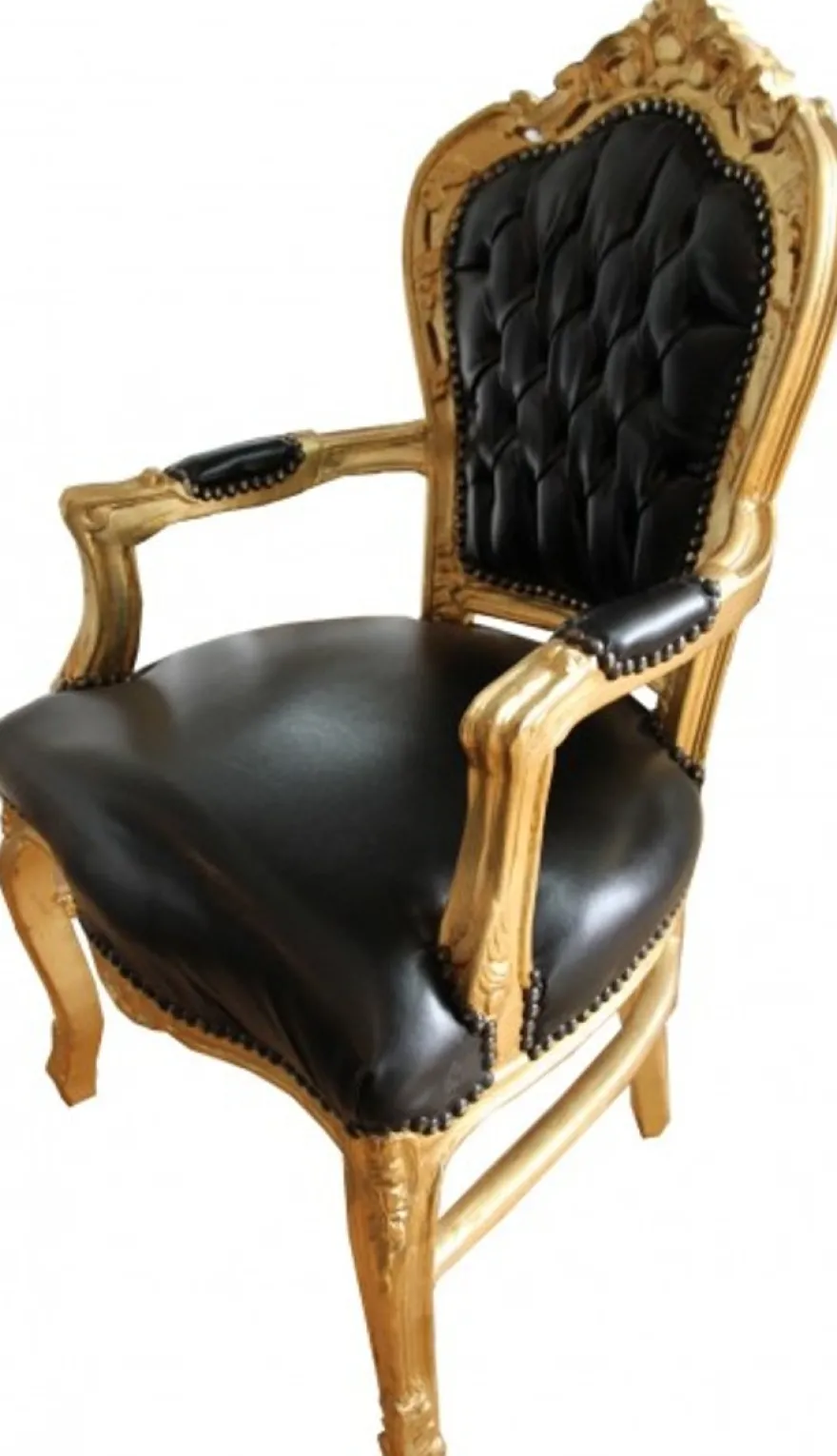 Casa Padrino Barock Esszimmerstuhl Schwarz / Gold Lederoptik mit Armlehnen B!
