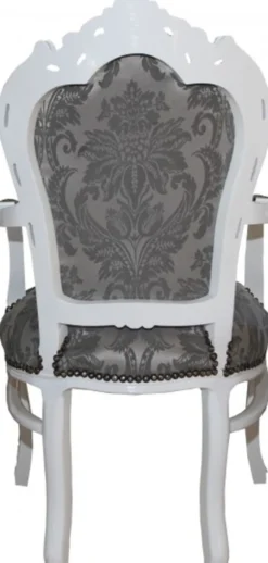 Casa Padrino Barock Esszimmer Stuhl mit Armlehnen Grau Muster / Weiß - Antik Möbel
