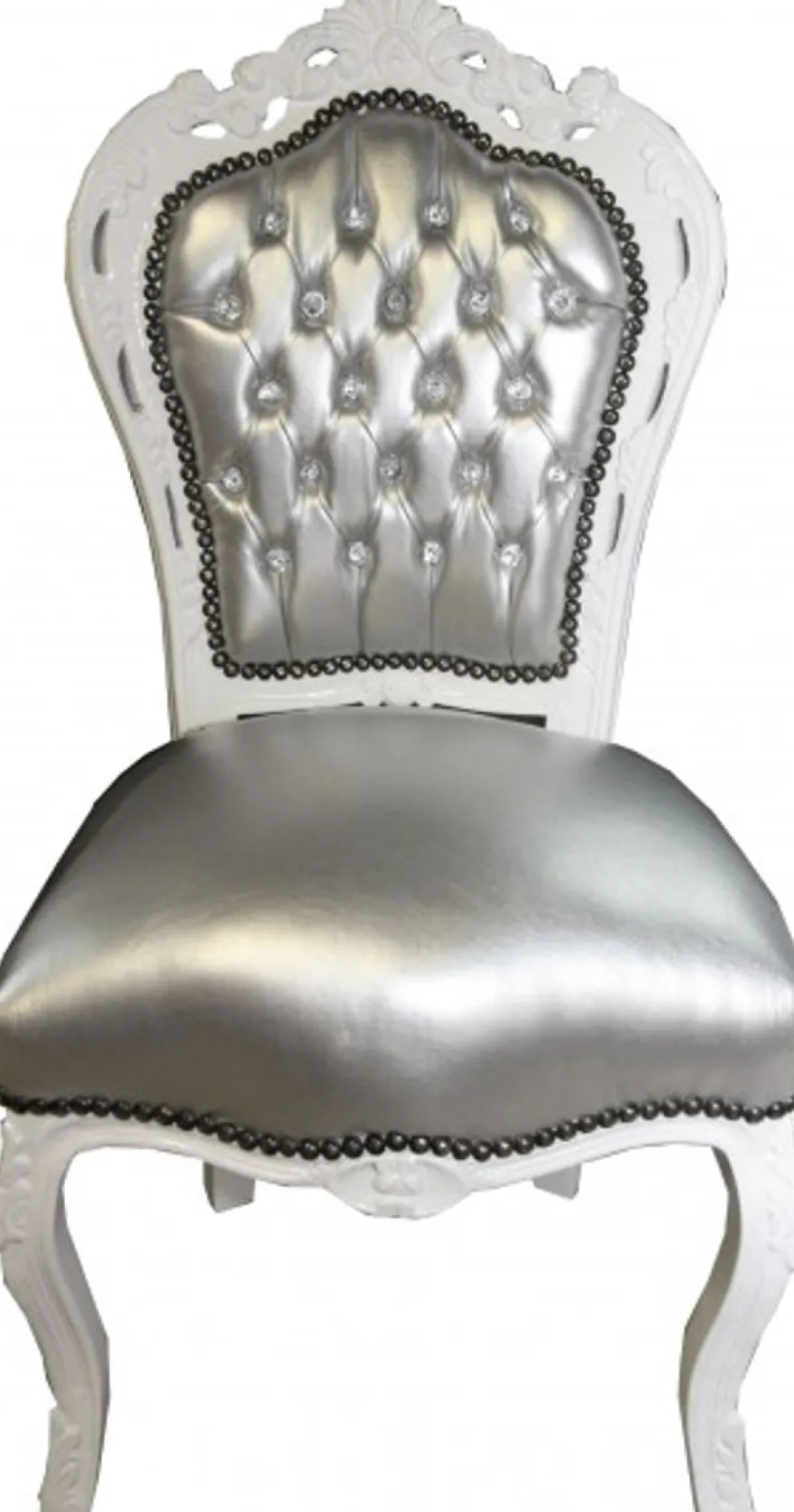 Casa Padrino Barock Esszimmer Stuhl Silber Lederoptik / Weiß mit Bling Bling Glitzersteinen