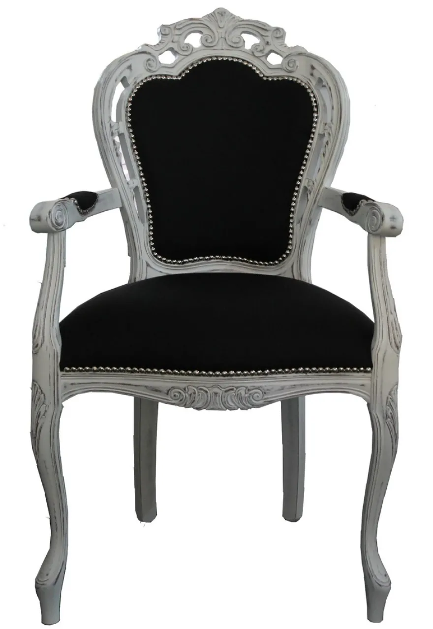 Casa Padrino Barock Esszimmer Stuhl mit Armlehne Schwarz / Vintage Weiß - Designer Stuhl - Luxus Qualität