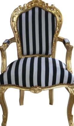 Casa Padrino Barock Esszimmerstuhl Schwarz/Weiß Streifen / Gold mit Armlehnen - Antik Stil Stuhl