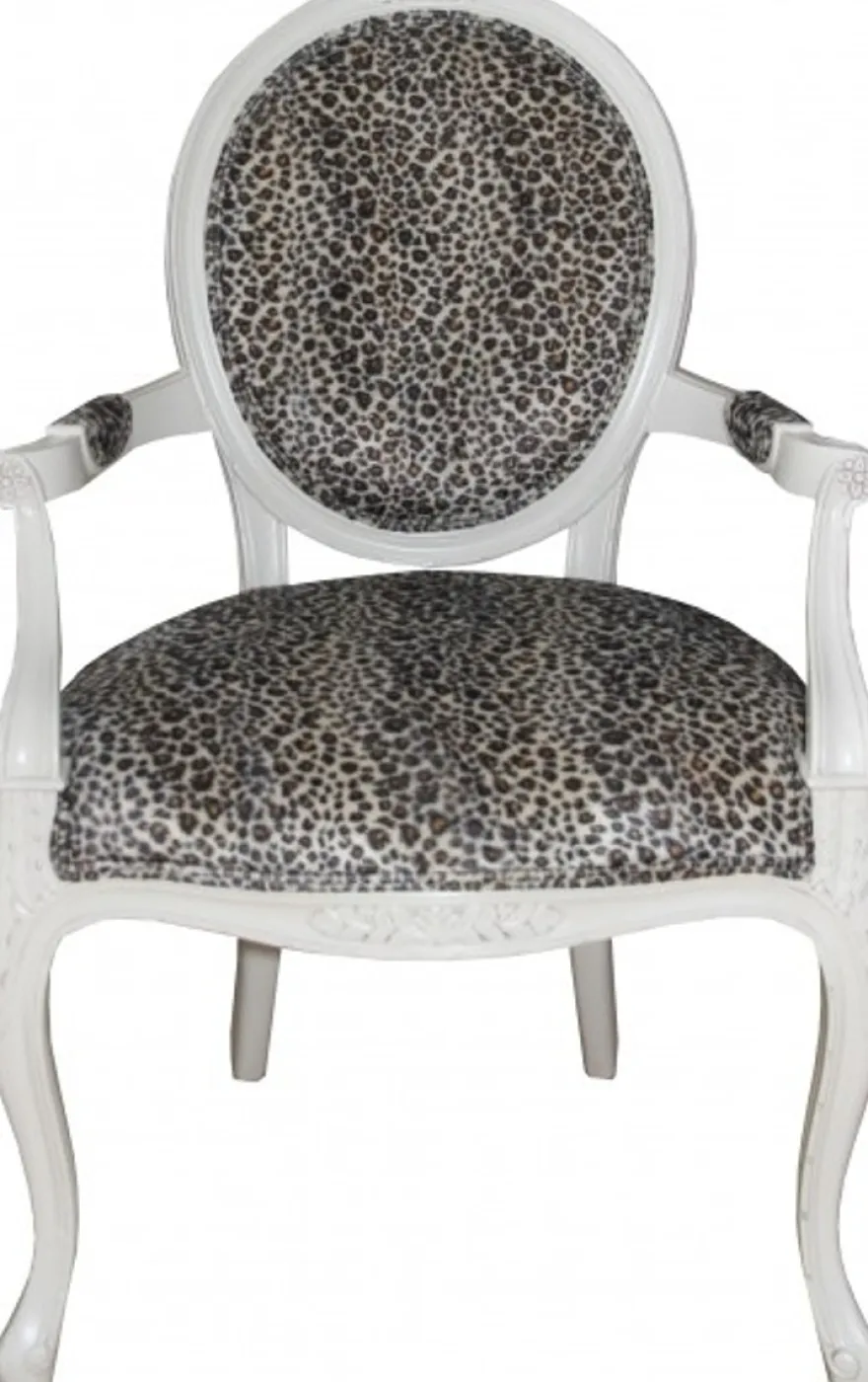 Casa Padrino Barock Esszimmer Stuhl mit Armlehnen Mod2 Leopard / Creme - Barock Möbel