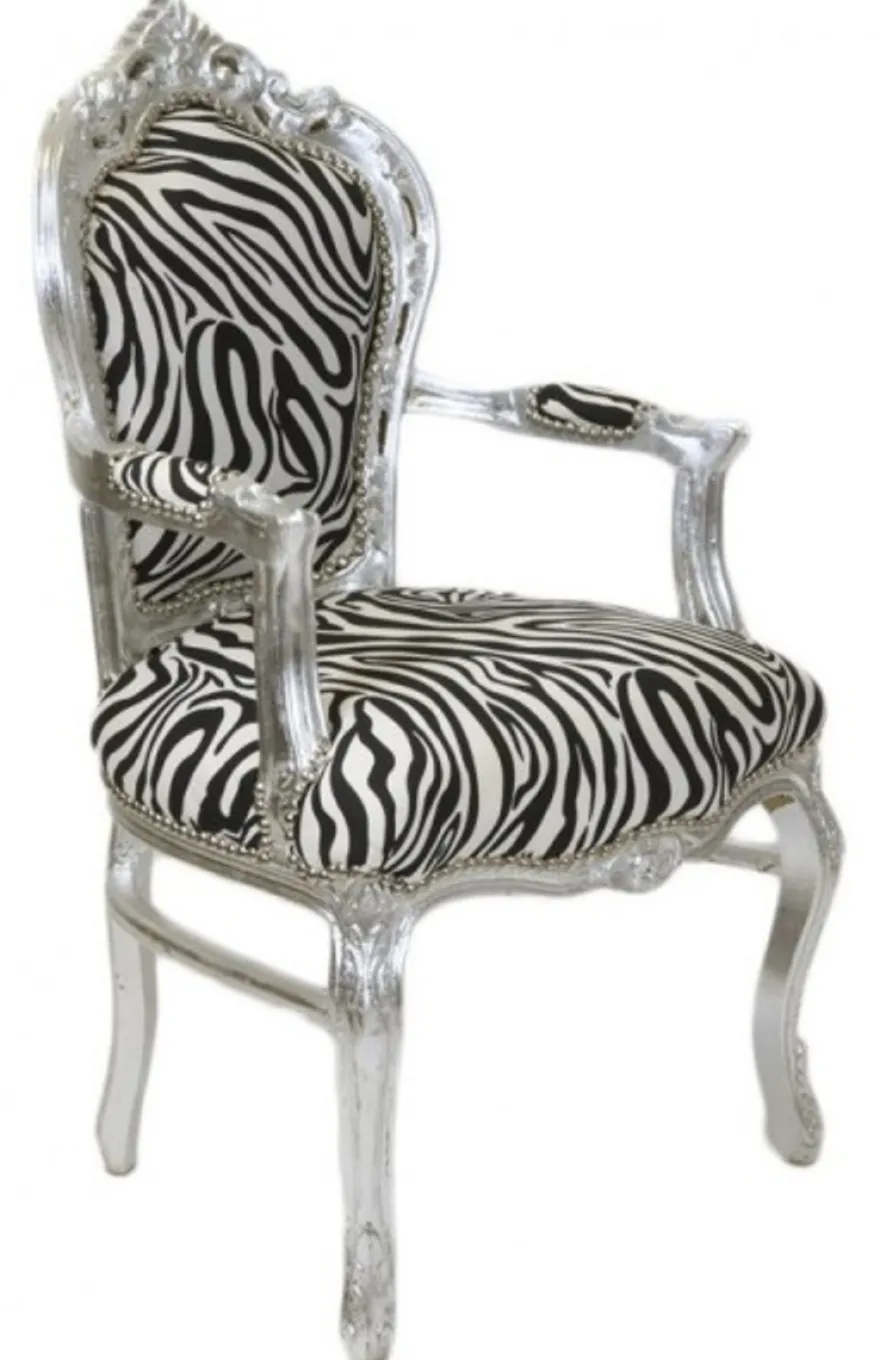 Casa Padrino Barock Esszimmer Stuhl Zebra / Silber mit Armlehnen