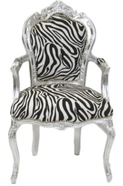 Casa Padrino Barock Esszimmer Stuhl Zebra / Silber mit Armlehnen