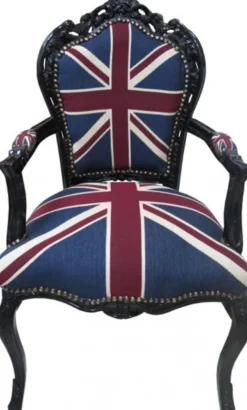 Casa Padrino Barock Esszimmer Stuhl mit Armlehnen Union Jack / Schwarz - Antik Stil Möbel