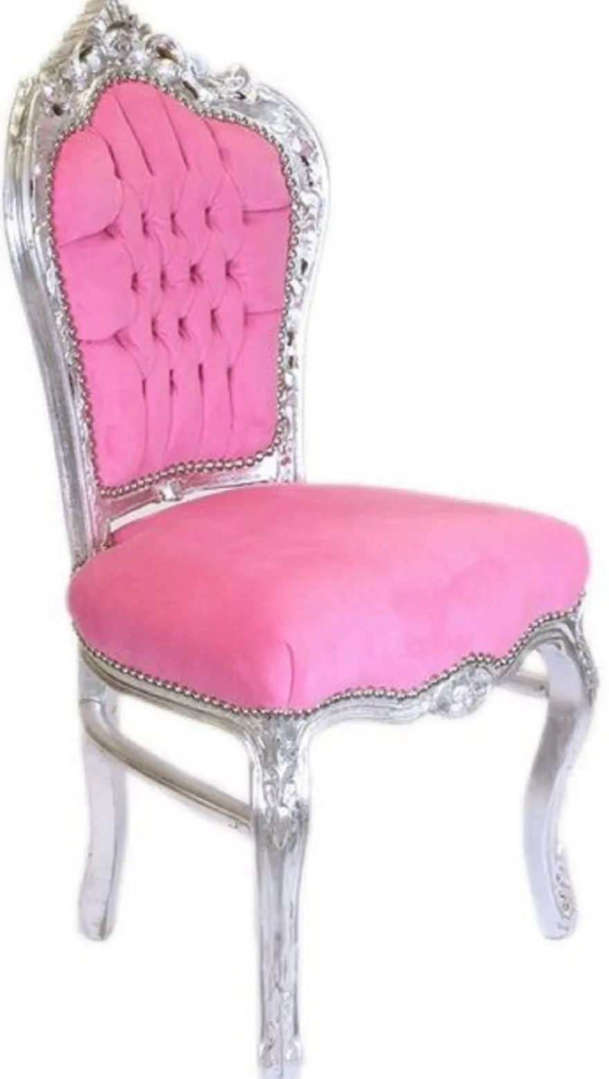 Casa Padrino Barock Esszimmer Stuhl Rosa / Silber - Handgefertigter Antik Stil Stuhl mit edlem Samtstoff - Esszimmer Möbel im Barockstil - Barock Möbel