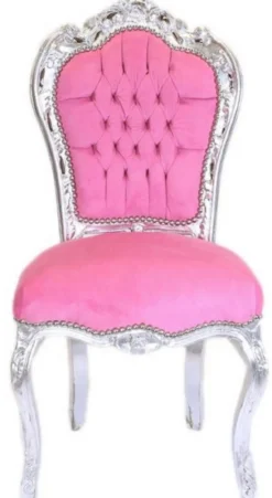 Casa Padrino Barock Esszimmer Stuhl Rosa / Silber - Handgefertigter Antik Stil Stuhl mit edlem Samtstoff - Esszimmer Möbel im Barockstil - Barock Möbel
