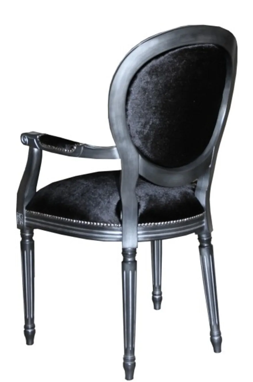 Casa Padrino Barock Esszimmer Stuhl mit Armlehne Schwarz / Silber - Designer Stuhl - Luxus Qualität
