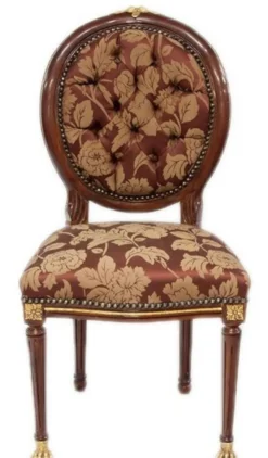 Casa Padrino Barock Esszimmerstuhl Dunkelbraun / Gold / Bordeauxrot mit Muster 50 x 45 x H. 100 cm - Barock Stuhl mit Löwenfüßen - Barock Esszimmer Möbel