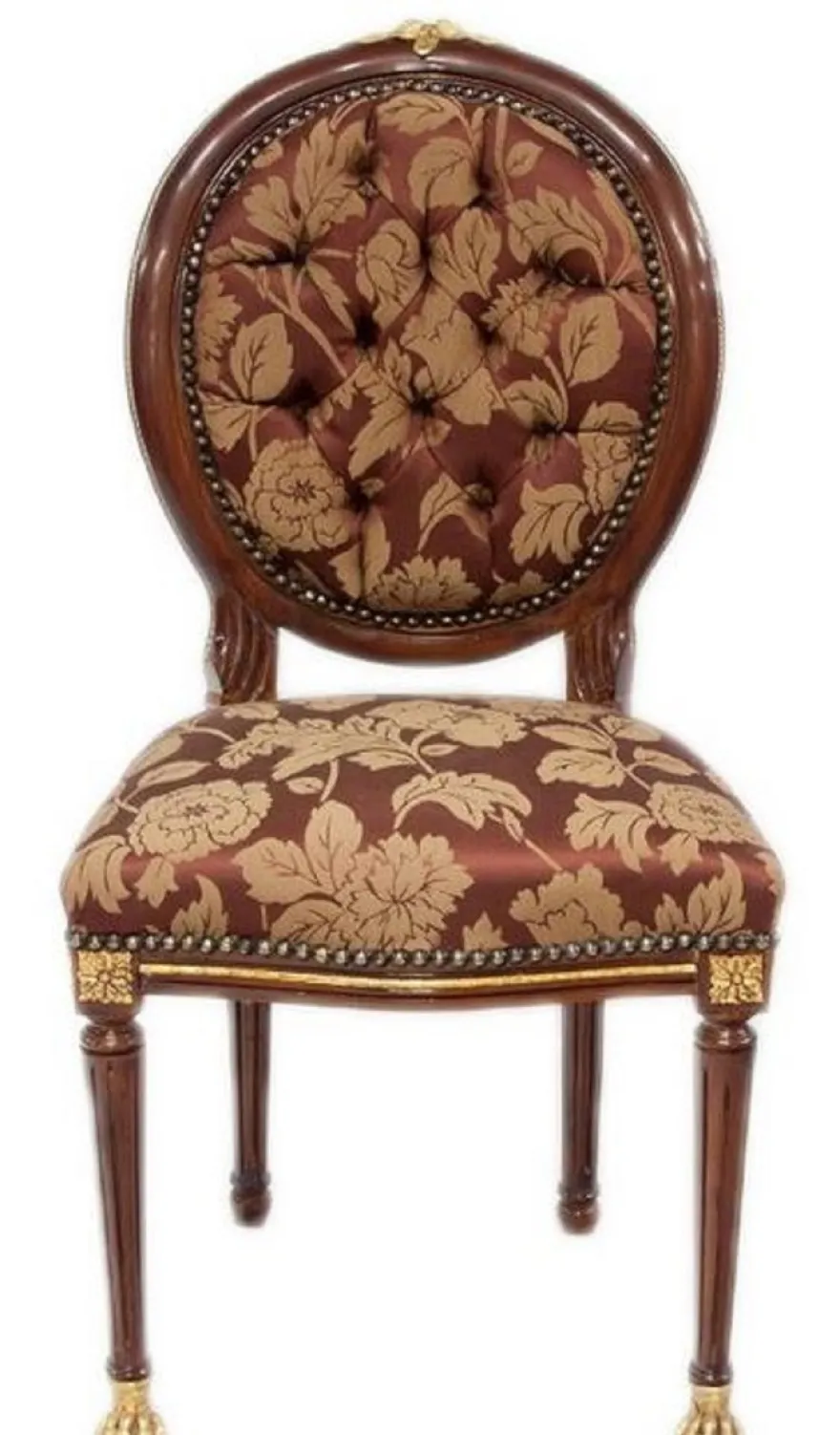 Casa Padrino Barock Esszimmerstuhl Dunkelbraun / Gold / Bordeauxrot mit Muster 50 x 45 x H. 100 cm - Barock Stuhl mit Löwenfüßen - Barock Esszimmer Möbel