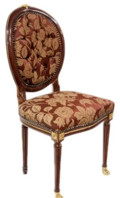 Casa Padrino Barock Esszimmerstuhl Dunkelbraun / Gold / Bordeauxrot mit Muster 50 x 45 x H. 100 cm - Barock Stuhl mit Löwenfüßen - Barock Esszimmer Möbel
