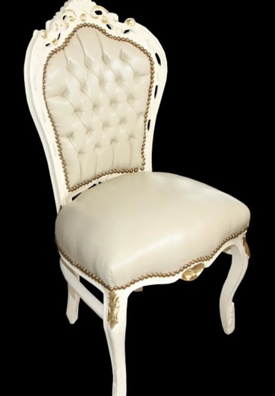 Casa Padrino Barock Esszimmer Stuhl Creme/Gold Lederoptik Mod1 - Möbel Antik Stil - Limited Edition