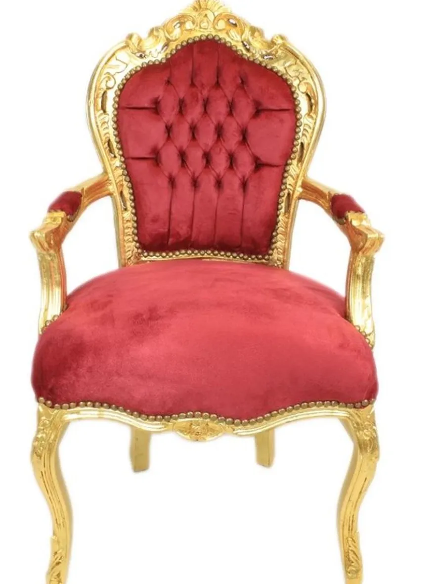 Casa Padrino Barock Esszimmer Stuhl Bordeaux / Gold mit Armlehnen ´- Möbel Interior - Handgefertigt im Antik Stil