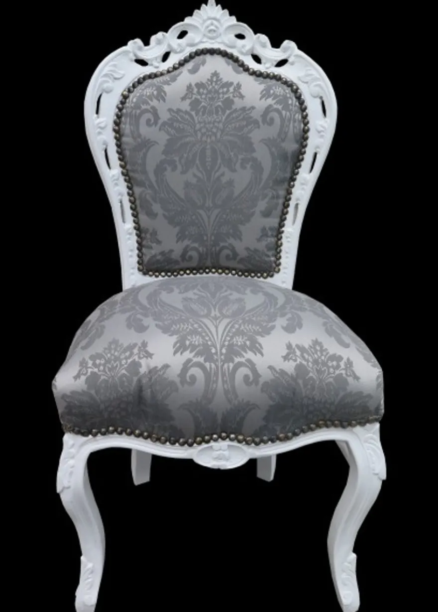 Casa Padrino Barock Esszimmer Stuhl Grau Muster /Weiss ohne Armlehnen - Antik Möbel - Limited Edition