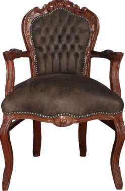 Casa Padrino Barock Esszimmer Set Braun / Braun Lederoptik 53 x 57 x H. 108 cm - 6 handgefertigte Esszimmerstühle mit Armlehnen - Barockmöbel