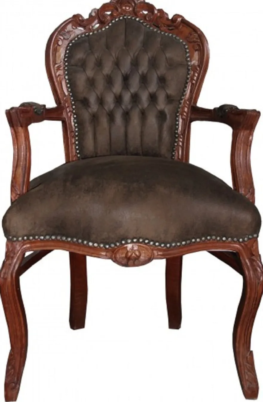 Casa Padrino Barock Esszimmer Set Braun / Braun Lederoptik 53 x 57 x H. 108 cm - 6 handgefertigte Esszimmerstühle mit Armlehnen - Barockmöbel