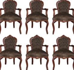 Casa Padrino Barock Esszimmer Set Braun / Braun Lederoptik 53 x 57 x H. 108 cm - 6 handgefertigte Esszimmerstühle mit Armlehnen - Barockmöbel