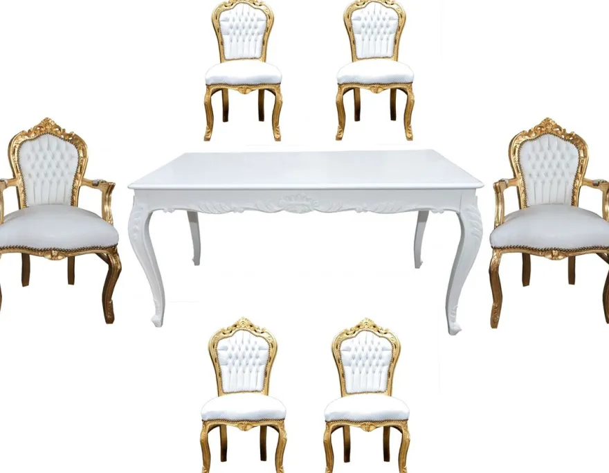 Casa Padrino Barock Esszimmer Set Weiß/Gold - Esstisch + 6 Stühle