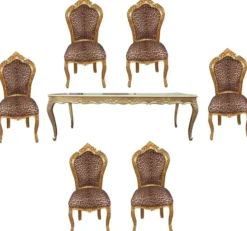Casa Padrino Barock Esszimmer Set Leopard/Gold - Esstisch + 6 Stühle ohne Armlehnen