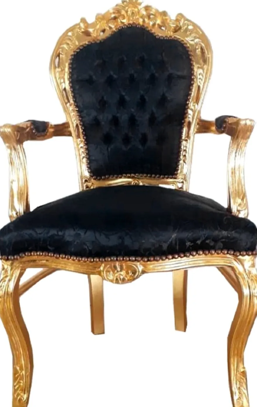 Casa Padrino Barock Esszimmerstuhl mit Armlehnen Schwarz Muster / Gold 53 x 57 x H. 108 cm - Handgefertigter Antik Stil Stuhl mit edlem Satinstoff - Barock Esszimmer Möbel