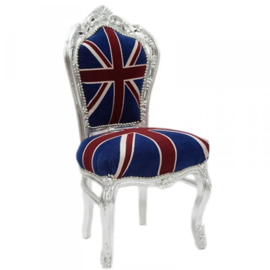 Casa Padrino Barock Esszimmer Stuhl Union Jack / Silber - Massivholz Stuhl im Antik Stil, Höhe 108 cm