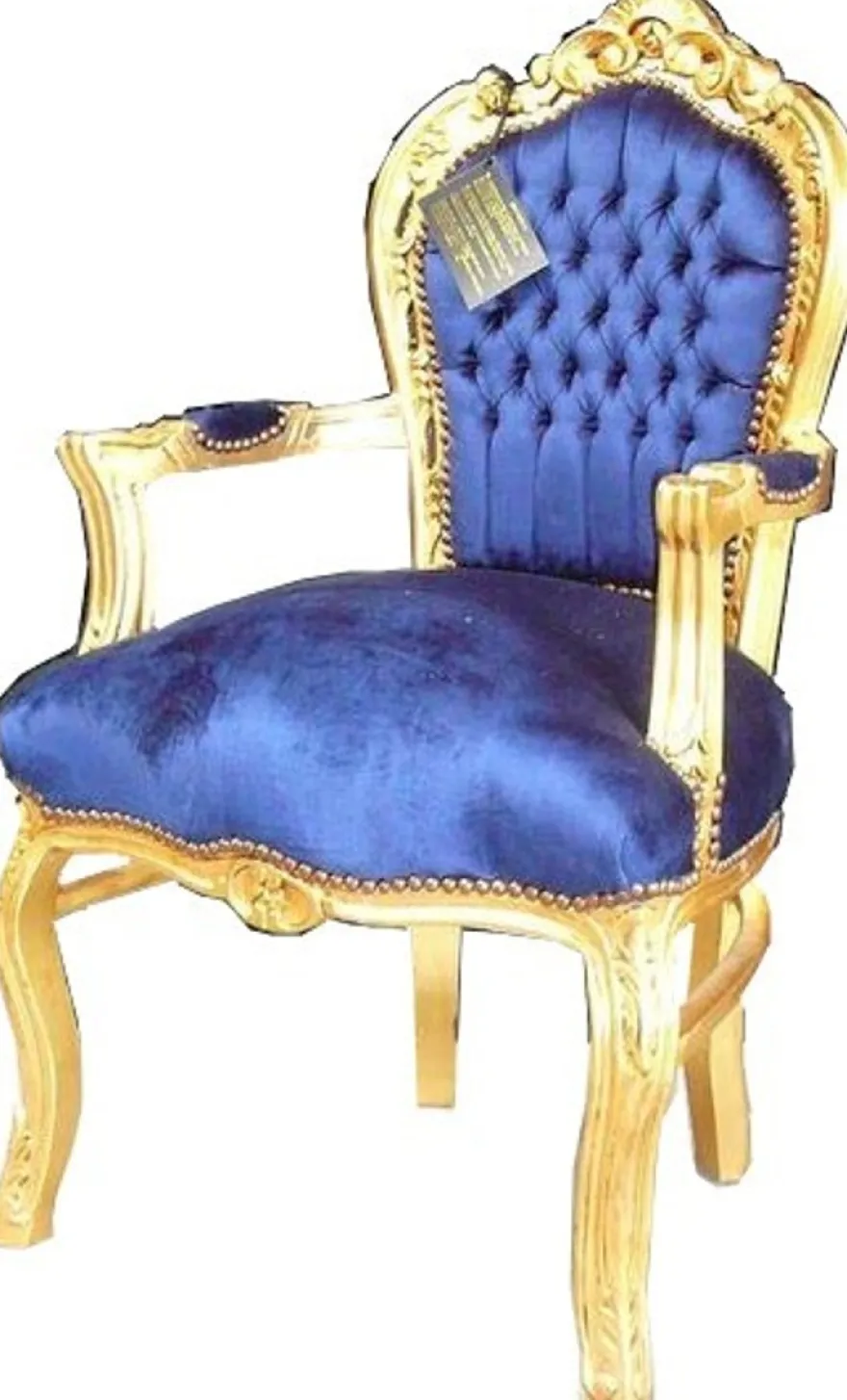Casa Padrino Barock Esszimmerstuhl Royalblau / Gold mit Armlehnen - Stuhl - Barockstuhl - Möbel