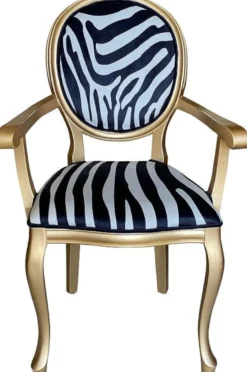 Casa Padrino Barock Esszimmer Stuhl Schwarz / Weiß / Gold - Handgefertigter Antik Stil Stuhl mit Armlehnen und Zebra Design - Esszimmer Möbel im Barockstil