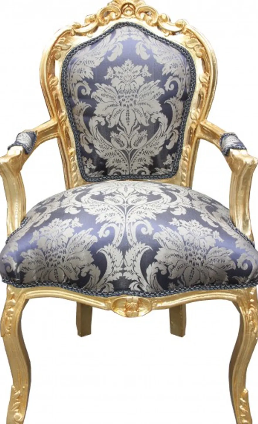 Casa Padrino Barock Esszimmer Stuhl Royalblau Muster / Gold mit Armlehnen - Möbel