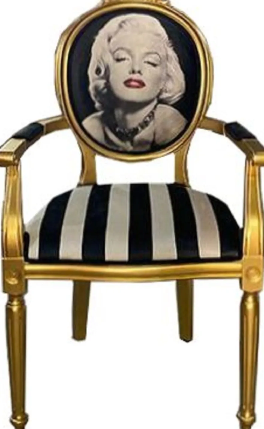Casa Padrino Barock Esszimmerstuhl Marilyn Monroe Schwarz / Weiß / Gold - Handgefertigter Antik Stil Stuhl mit Armlehnen - Esszimmer Möbel im Barockstil