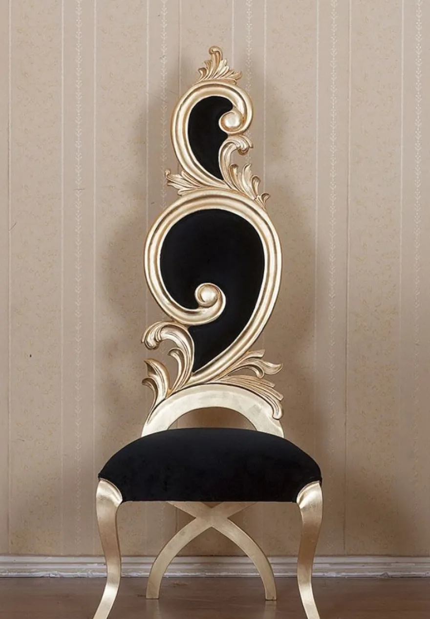 Casa Padrino Barock Esszimmerstuhl Schwarz / Gold 65 x 54 x H. 166 cm - Prunkvoller Mahagoni Küchenstuhl mit edlem Samtstoff - Barock Esszimmer Möbel