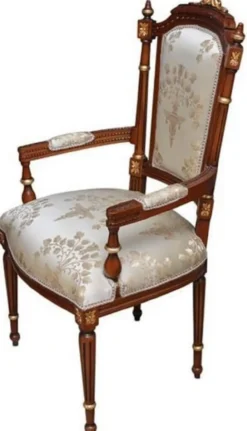 Casa Padrino Barock Esszimmerstuhl Cremefarben / Braun / Gold - Handgefertigter Antik Stil Stuhl mit Armlehnen - Esszimmer Möbel im Barockstil