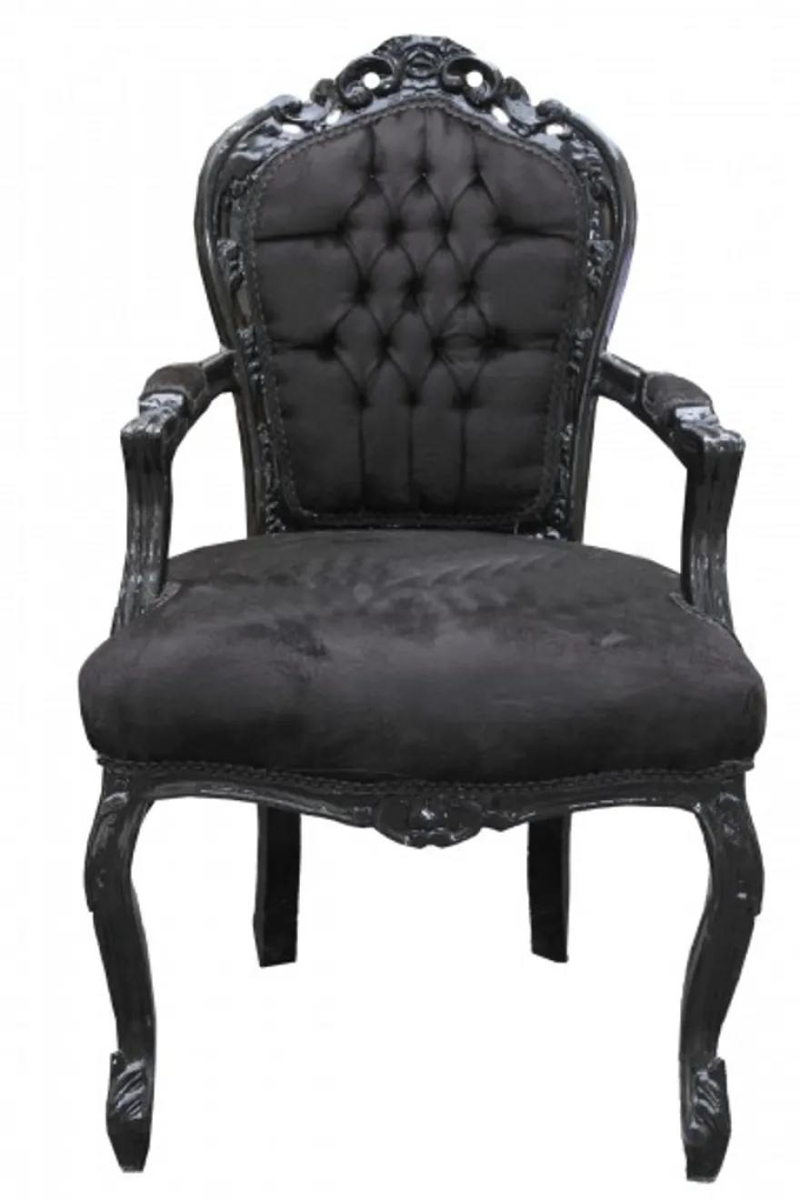 Casa Padrino Barock Esszimmer Stuhl mit Armlehnen Schwarz/Schwarz, Massivholz, 108 cm