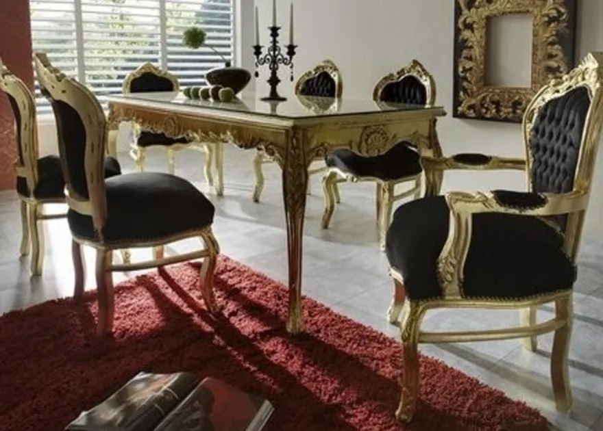 Casa Padrino Barock Esszimmer Set im Antik Stil - Esstisch und 6 Stühle in Schwarz / Gold - 200 cm x 88 cm x 84 cm