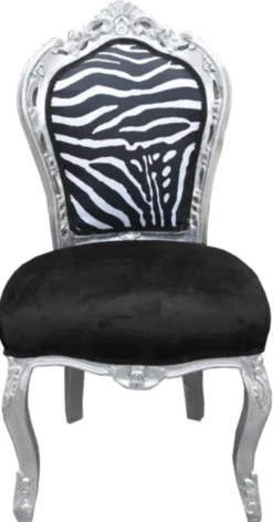 Casa Padrino Barock Esszimmer Stuhl Schwarz / Weiß / Silber ohne Armlehnen - Antik Möbel Zebra