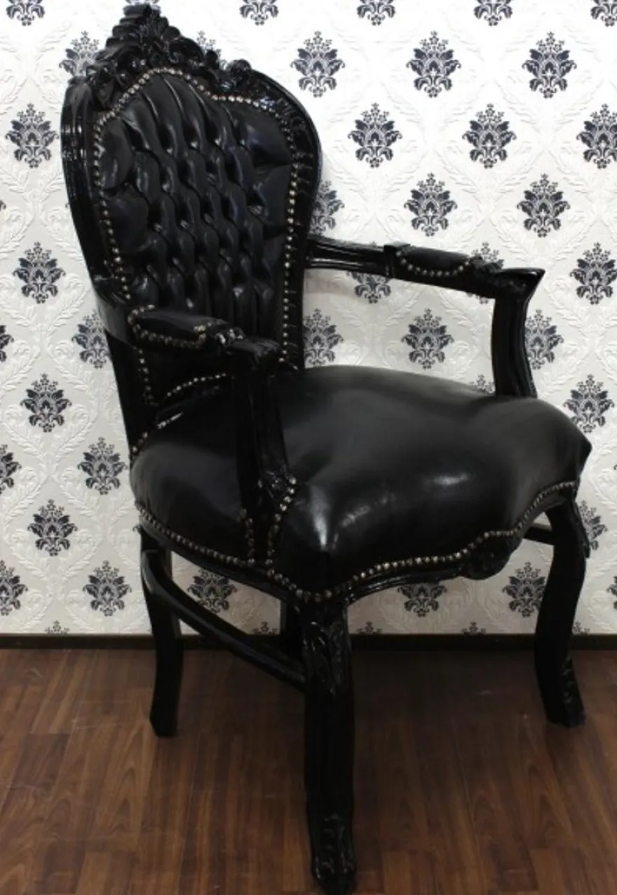 Casa Padrino Barock Esszimmer Stuhl mit Armlehnen Schwarz Lederoptik / Schwarz - Möbel