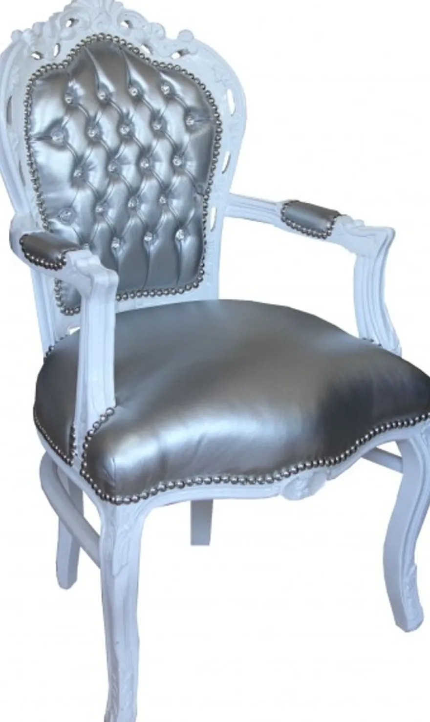 Casa Padrino Barock Esszimmer Stuhl mit Armlehnen Silber/Weiss Lederoptik mit Bling Bling Glitzersteinen