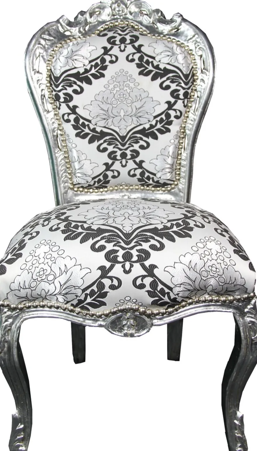 Casa Padrino Barock Esszimmer Stuhl Silber Schwarz Muster / Silber ohne Armlehnen - Antik Möbel