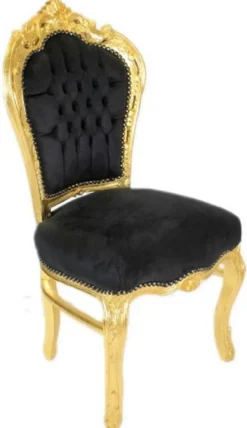 Casa Padrino Barock Esszimmer Stuhl Schwarz / Gold - Handgefertigter Antik Stil Stuhl mit edlem Samtstoff - Esszimmer Möbel im Barockstil - Barock Möbel