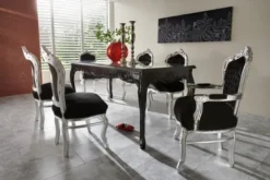 Casa Padrino Barock Esszimmer Set Schwarz/Silber - Massiver Esstisch und 6 Stühle in 200 cm Länge