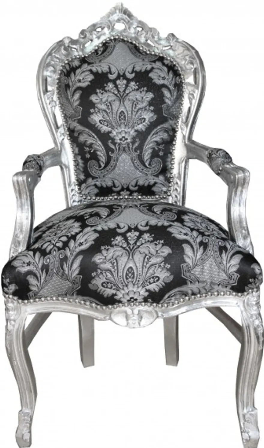 Casa Padrino Barock Esszimmer mit Armlehnen Schwarz Muster / Silber - Antik Stil Möbel