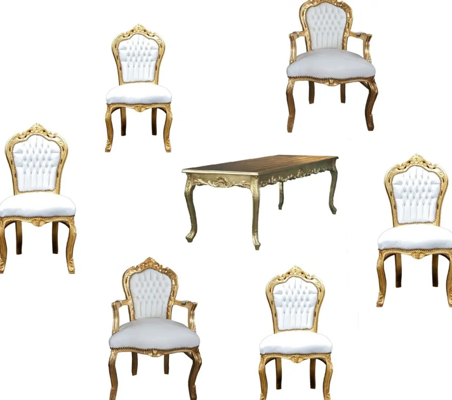 Casa Padrino Barock Esszimmer Set Gold/Weiss - Esstisch + 6 Stühle